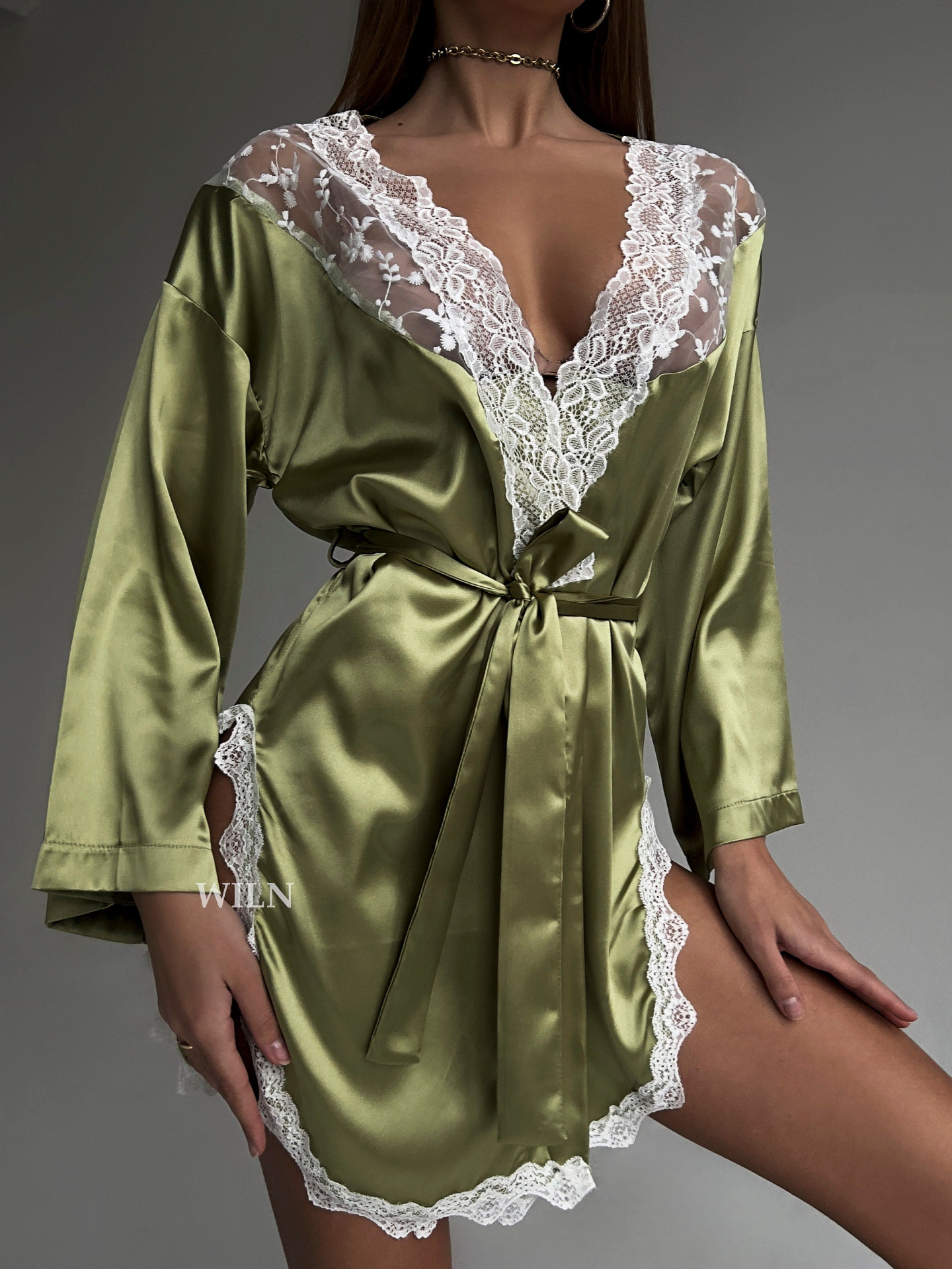 Khajurahola.com BLISS - Green Luxurious Satin Robe-2